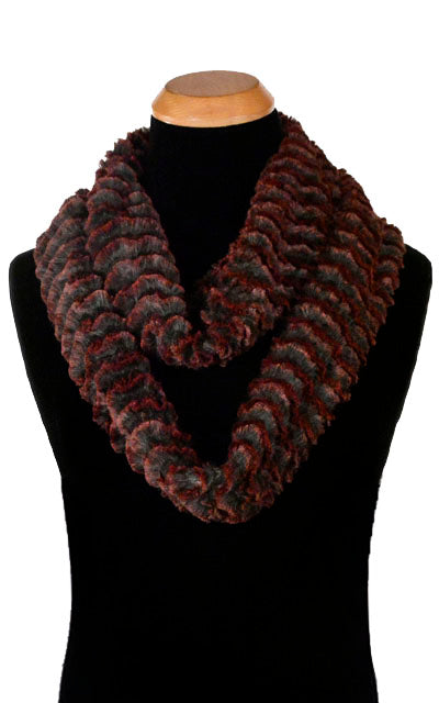 Men’s Infinity Loop Scarf | Desert Sand in Crimson embossed faux fur red and black | Handmade in Seattle WA | Pandemonium Millinery