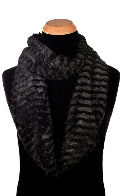 Men’s Infinity Loop Scarf | Desert Sand in Midnight embossed faux fur in  black | Handmade in Seattle WA | Pandemonium Millinery