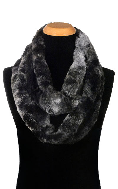 Men’s Infinity Loop Scarf | Highland in Skye faux fur a tie-dyed of navy, blue, and grays | Handmade in Seattle WA | Pandemonium Millinery