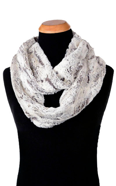 Men’s Infinity Loop Scarf | Khaki a grayish and off-white Faux Fur | Handmade in Seattle WA | Pandemonium Millinery