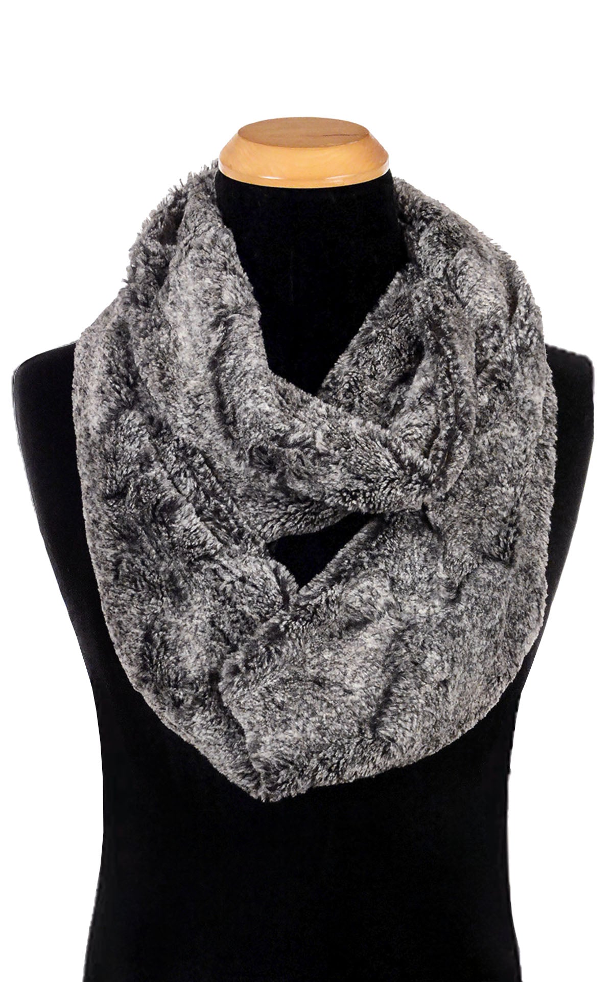 Product Men’s Infinity Loop Scarf | Nimbus Salt an d Pepper Print in Black and White Faux  Fur | Handmade in Seattle WA | Pandemonium Millinery
