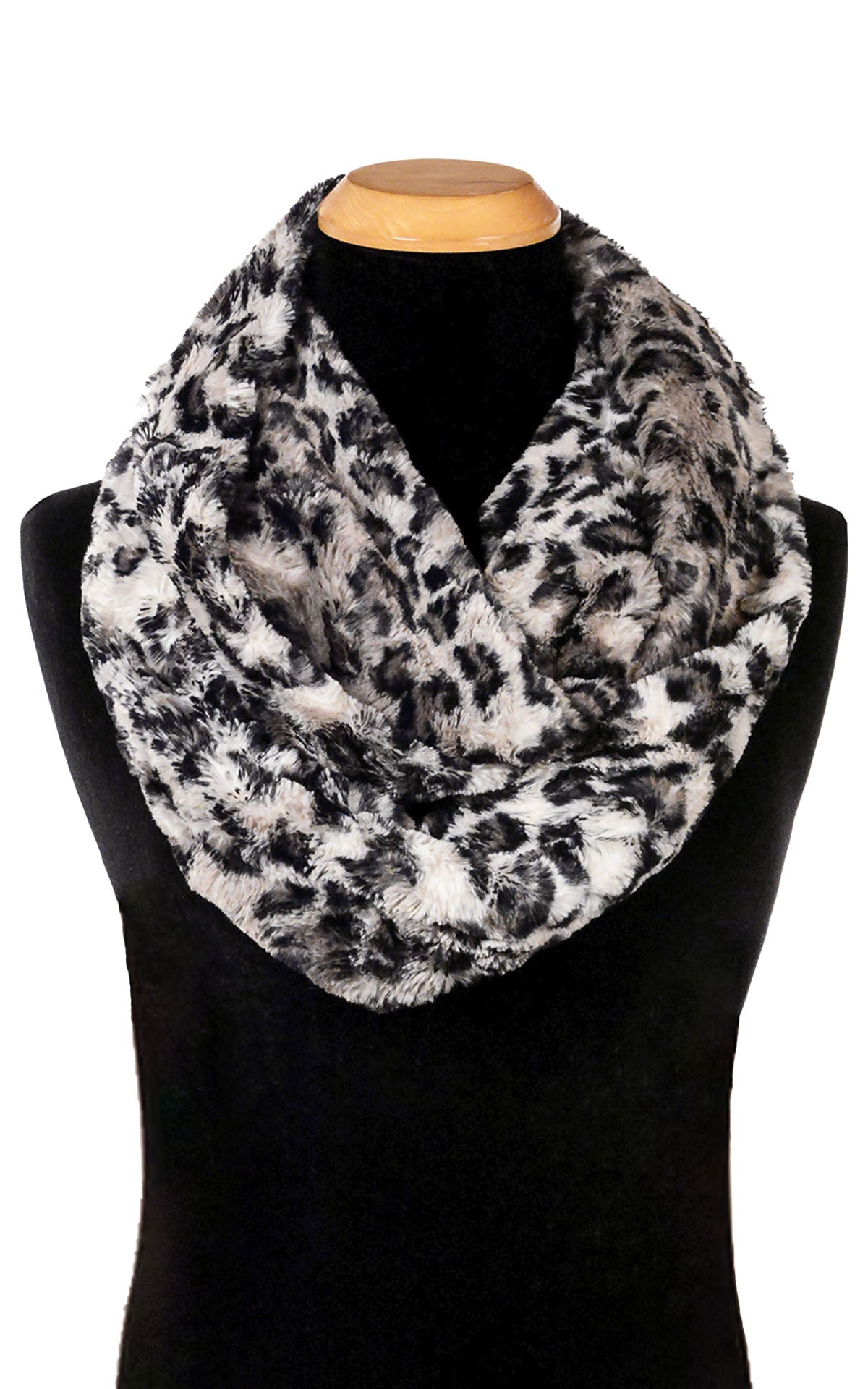 Product Men’s Infinity Loop Scarf | Savannah Cat Faux Fur Animal Print in black creams and grays | Handmade in Seattle WA | Pandemonium Millinery