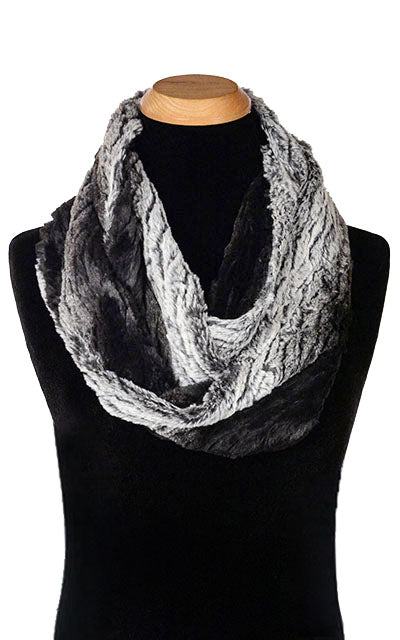 Men’s Infinity Loop Scarf | Smoldering Sequoia faux fur with a streaked print of black ivory and grays | Handmade in Seattle WA | Pandemonium Millinery