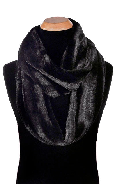 Men's Product shot of Infinity Scarf Minky  Black on mannequin | Cuddly Faux Fur | Handmade in Seattle WA Pandemonium Millinery