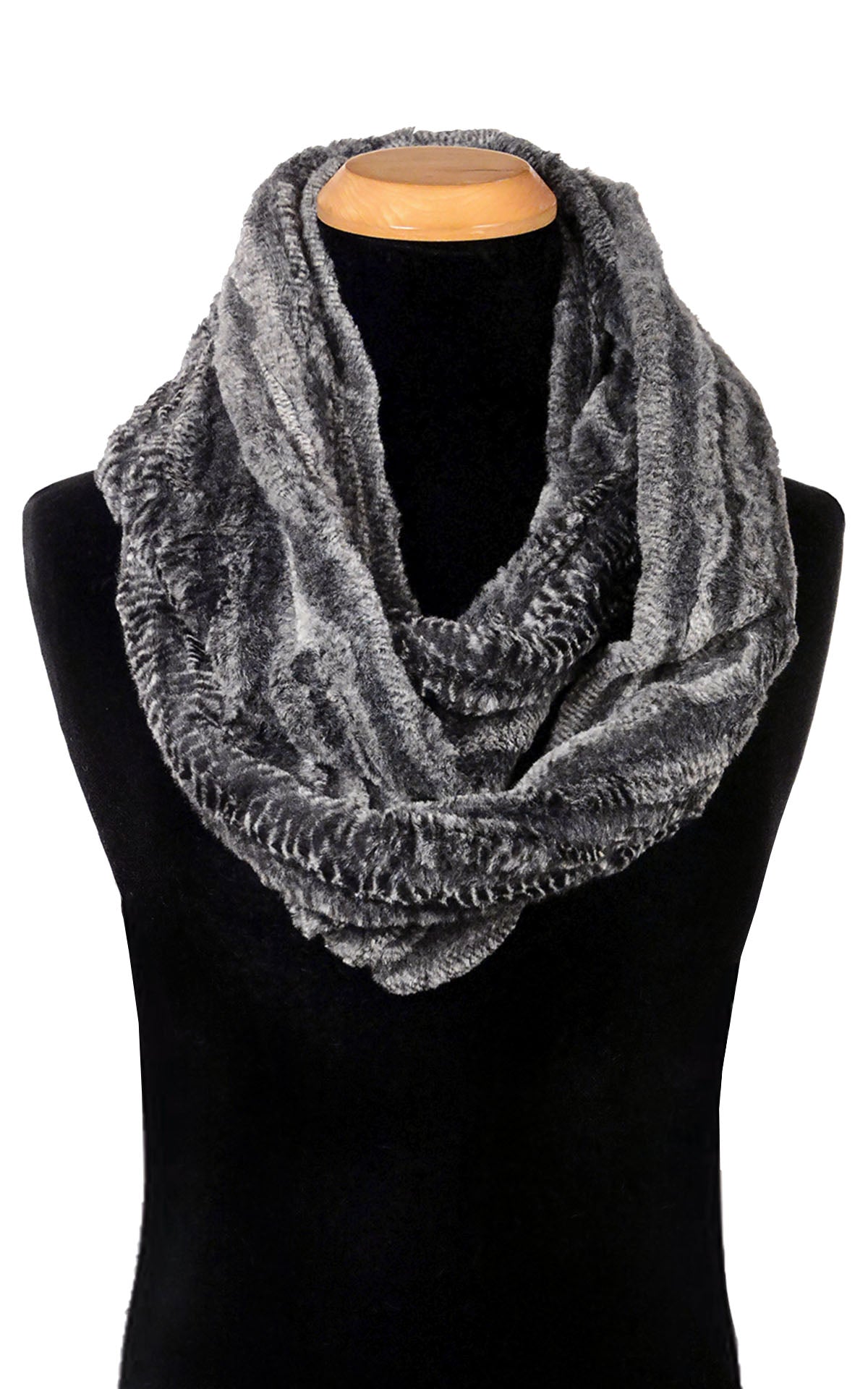 Product Men’s Infinity Loop Scarf | Rattle ‘N’ Shake Snake Print in black creams and grays | Handmade in Seattle WA | Pandemonium Millinery