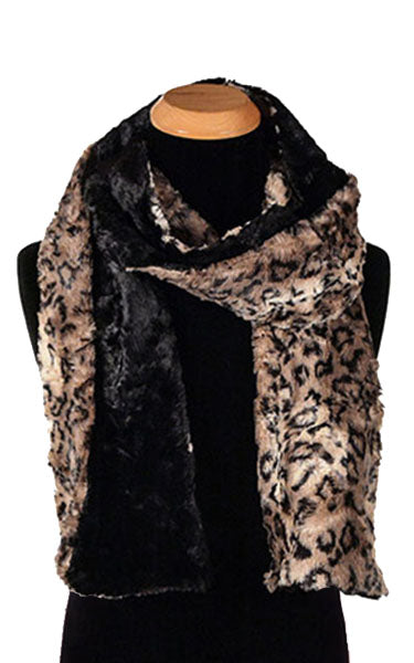 Men’s Product shot on mannequin of Classic Two-tone Scarf | Carpathian faux fur in brown creams and black with Cuddly black | Handmade by Pandemonium Millinery Seattle, WA USA