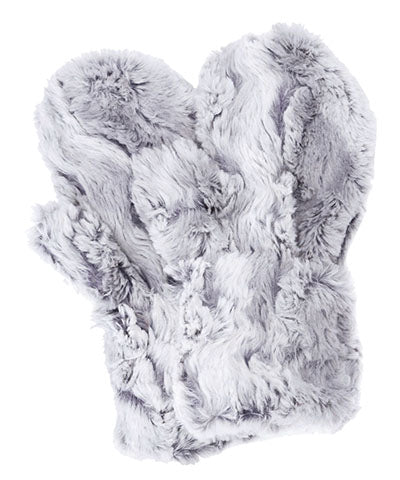 Women’s Product shot of Mittens. Gauntlets, Mitts | Winter River faux fur, ice blue with hints of periwinkle | Handmade by Pandemonium Millinery Seattle, WA USA