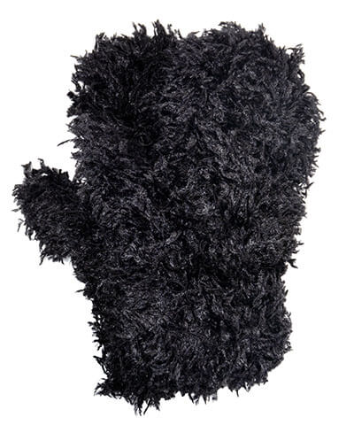 Women’s Product shot of Mittens. Gauntlets, Mitts | Black swan faux fur | Handmade by Pandemonium Millinery Seattle, WA USA