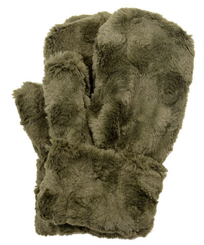 Mittens in Cuddly Faux Fur in Army Green by Pandemonium Seattle.
