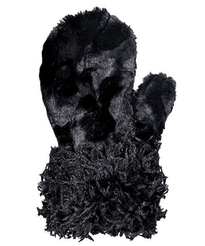 Women’s Product shot of Mittens. Gauntlets, Mitts | Black swan faux fur | Handmade by Pandemonium Millinery Seattle, WA USA