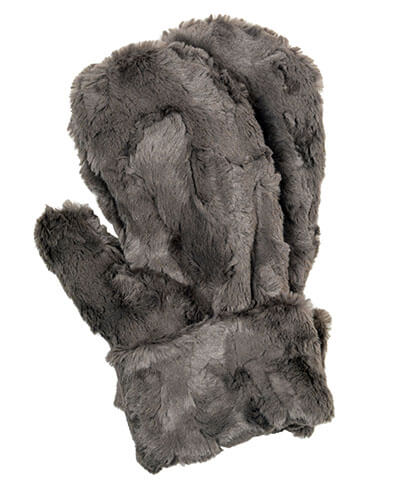Mittens in Cuddly Faux Fur in Gray by Pandemonium Seattle.