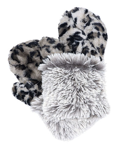 Women’s Product shot of Mittens. Gauntlets Mitts, | Savannah Cat animal print in black, cream and gray Faux Fur | Handmade by Pandemonium Millinery Seattle, WA USA