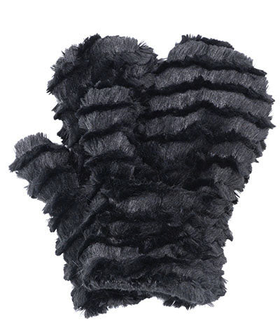 Women’s Product shot of Mittens. Gauntlets, Mitts Desert sand in midnight, black Faux Fur | Handmade by Pandemonium Millinery Seattle, WA USA