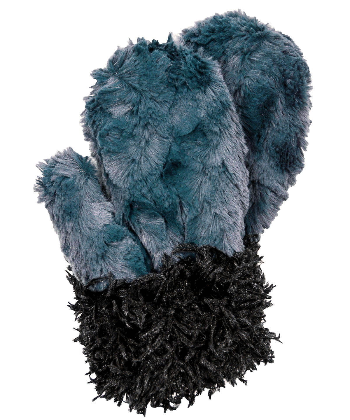 Women’s Product shot of Mittens. Gauntlets, Mitts | Peacock Pond with Black swan, blue faux fur | Handmade by Pandemonium Millinery Seattle, WA USA