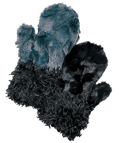 Women’s Product shot of Mittens. Gauntlets, Mitts | Peacock Pond with Black swan, blue faux fur | Handmade by Pandemonium Millinery Seattle, WA USA