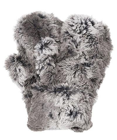 Men’s Product shot of Mittens. Gauntlets, Mitts | Seattle Sky faux fur, grays and cream | Handmade by Pandemonium Millinery Seattle, WA USA