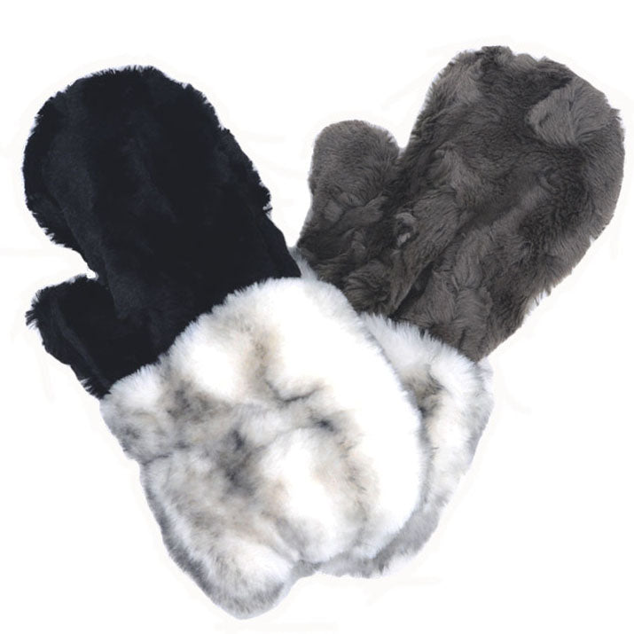 Royal Opulence Mittens in Aspen Cuffs with Cuddly Gray. Shown reversed to Aspen Cuff with Cuddly Black. Handmade by Pandemonium Seattle.