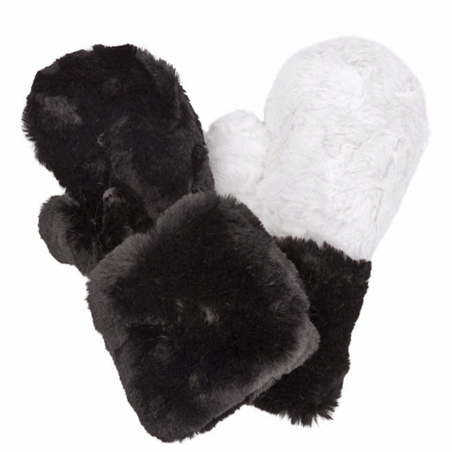 Product shot Mittens Royal Opulence in Onyx reverses to Ivoryby Pandemonium Seattle. Handmade in Seattle.