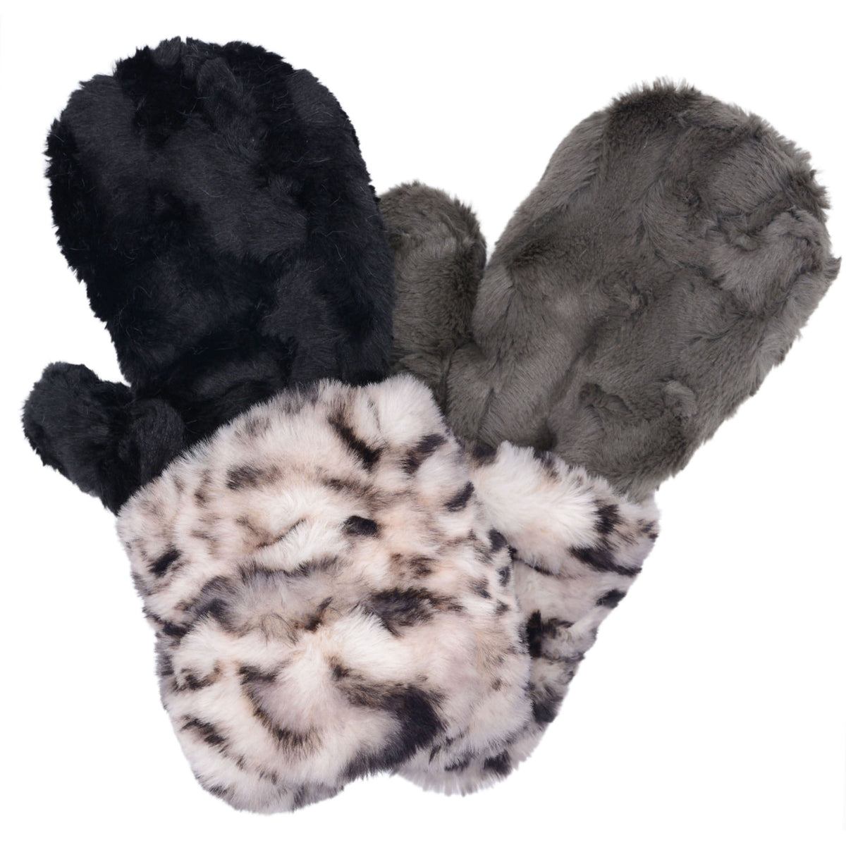 Royal Opulence Mittens with Snow Leopard Cuffs and Cuddly Black faux fur. Also shown reversed to Snow Leopard Cuffs with Cuddly Gray. Handmade by Pandemonium Seattle/.
