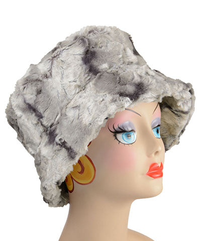 Model wearing Molly Hat in White Water with Faux Croc Band and Bow with  Metal flower Button by Pandemonium Millinery. Handmade in Seattle, WA USA.