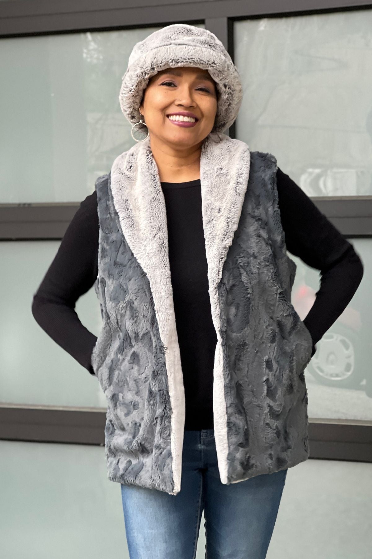 Shawl Collar Vest | Cuddly Slate with Frosted Juniper | Handmade in the USA by Pandemonium Millinery