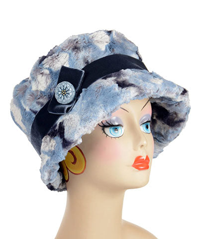 Molly Hat in Rainier Sky with Velvet in Navy Band and Cameron Blue button by Pandemonium Millinery. Handmade in Seattle, WA USA.