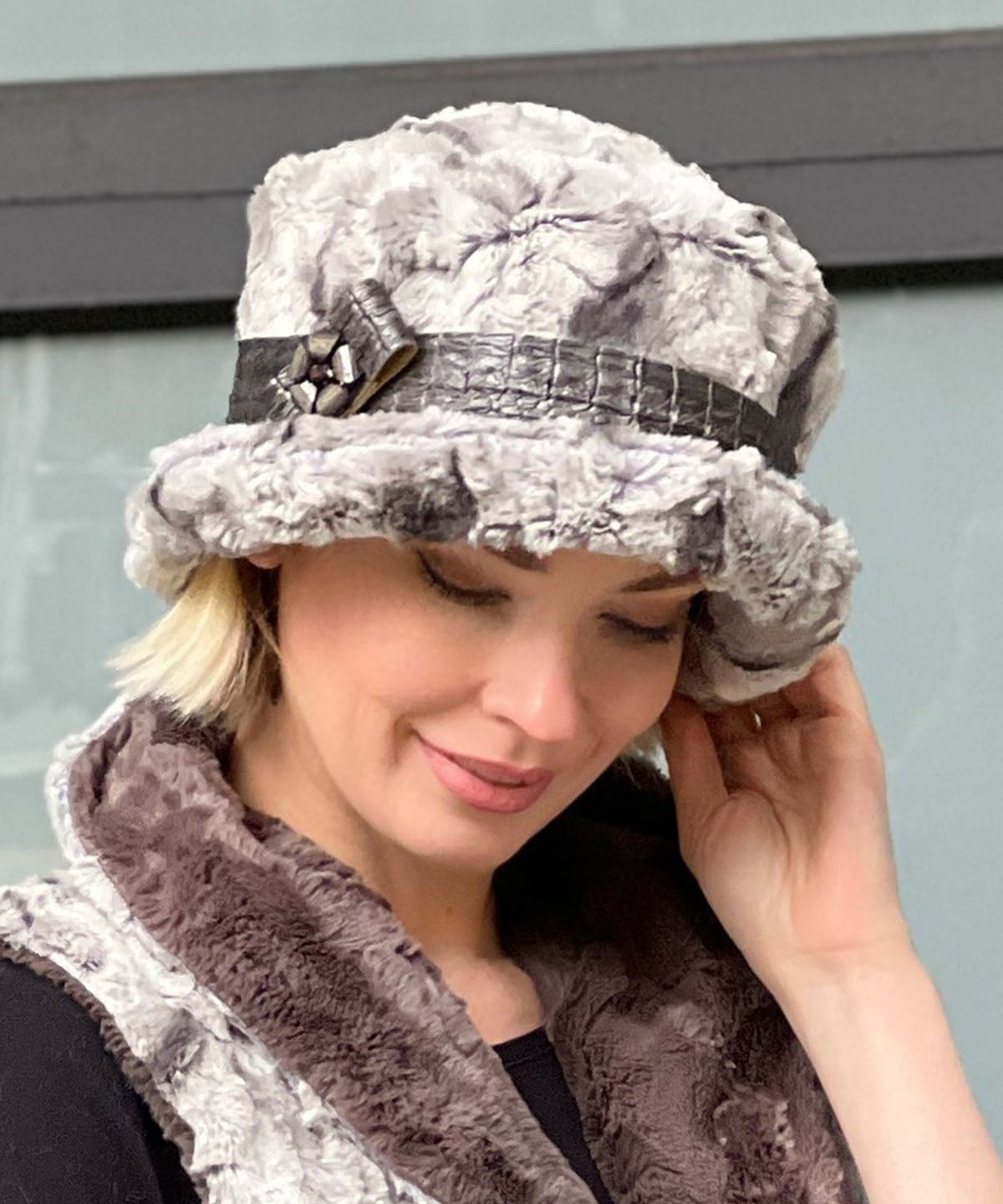 Model wearing Molly Hat in White Water with Faux Croc Band and Bow with  Metal flower Button by Pandemonium Millinery. Handmade in Seattle, WA USA.