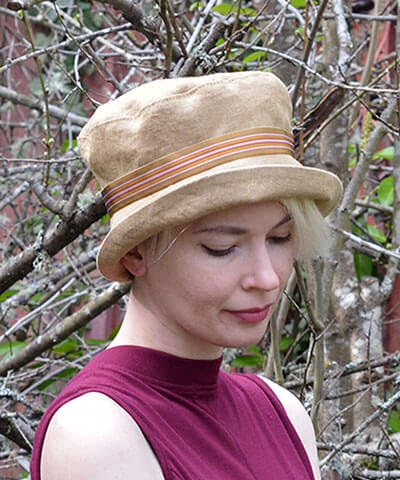 Women&#39;s Molly Bucket Hat in Mustard Linen with Striped Band Cuffed | Handmade in Seattle WA | Pandemonium Millinery