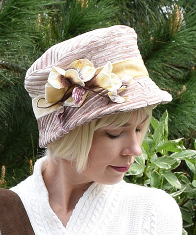 Velvet Flower Brooch in Cream on Pink Chenille Hat Side View | Pandemonium Millinery
