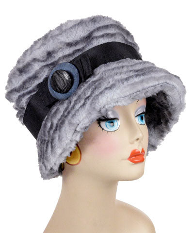 Molly Hat Devon Rex Faux Fur with Double Stack Blue and Navy Trim Featuring a Black Band | Handmade By Pandemonium Millinery | Seattle WA