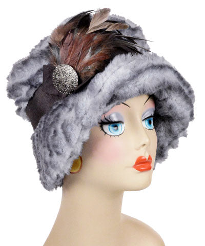 Molly Hat Devon Rex Faux Fur with Double Stack Blue and Navy Trim Featuring a Black Band | Handmade By Pandemonium Millinery | Seattle WA