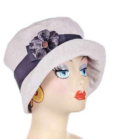 Small Velvet Flower Brooch in Periwinkle on Linen Bucket Hat | Pandemonium Millinery