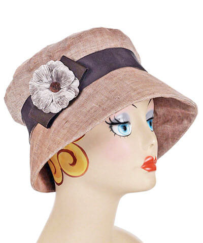 Small Velvet Flower Brooch in Taupe on Linen Molly Bucket Hat | Pandemonium Millinery