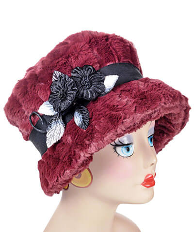 Velvet Flower Brooch in Black & Silver on Bucket Style Molly Hat | Assembled in Seattle WA | Pandemonium Millinery