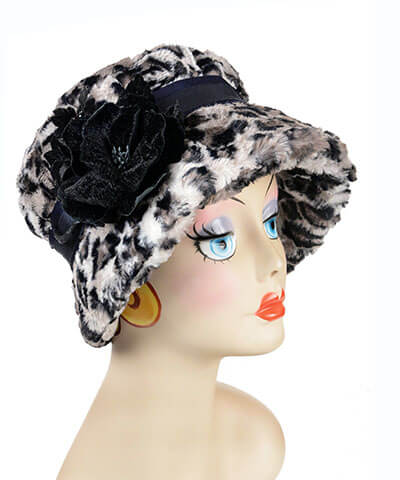 Velvet Flower Brooch in Black on Faux Fur Molly Hat | Pandemonium Millinery