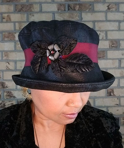 Women&#39;s Brooch with Black Velvet Leaves and Metal Flower Button on Bucket Hat | Handmade in Seattle WA | Pandemonium Millinery