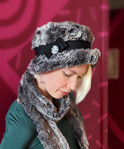 Molly Hat Luxury Faux Fur in Seattle Sky with Black Band and Bow featuring Iridescent Gray Button | Handmade By Pandemonium | Seattle WA USA