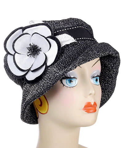 Velvet Luster Flower Brooch in White and Black on Black Hat | Pandemonium Millinery