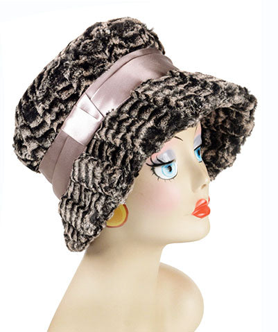 Molly Hat Luxury Faux fur 8mm in Sepia with Champagne Satin Sash | Handmade by Pandemonium Seattle