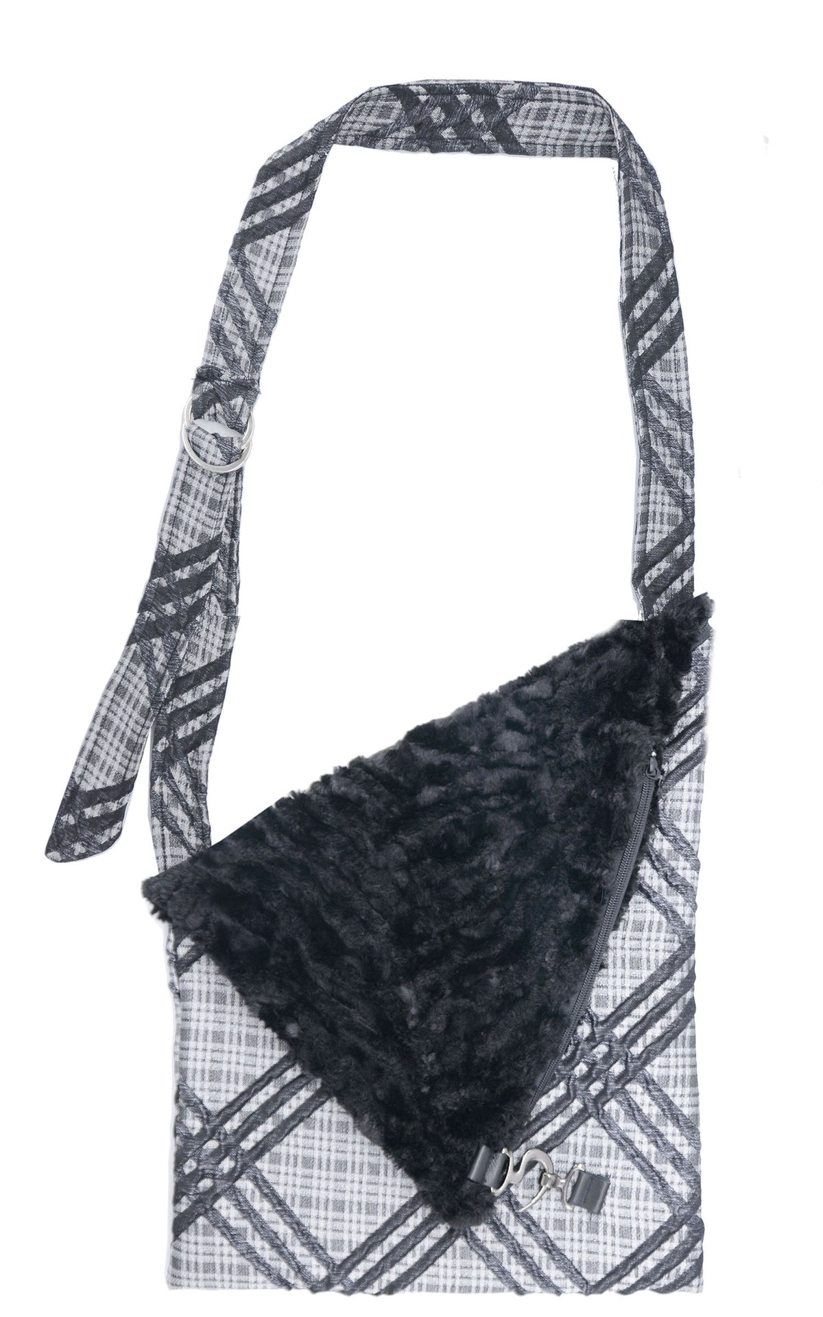 Naples Messenger Bag - Silver Plaid Upholstery with Cuddly Faux Fur in Black (Only One Left!)