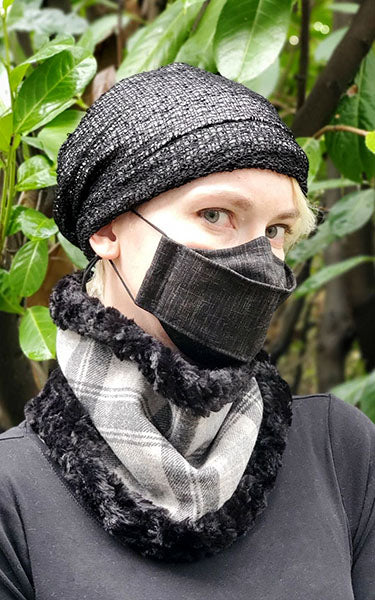 Neck Cowl - Wool Plaid in Twilight with Cuddly Faux Fur in Black or Silver Stratus (Sold Out!)