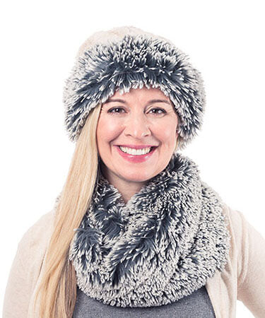 Woman wearing a Neck Warmer and matching Headband | Silver Tip Fox in Blue, Bluish Gray Faux Fur | Handmade in the USA by Pandemonium Seattle
