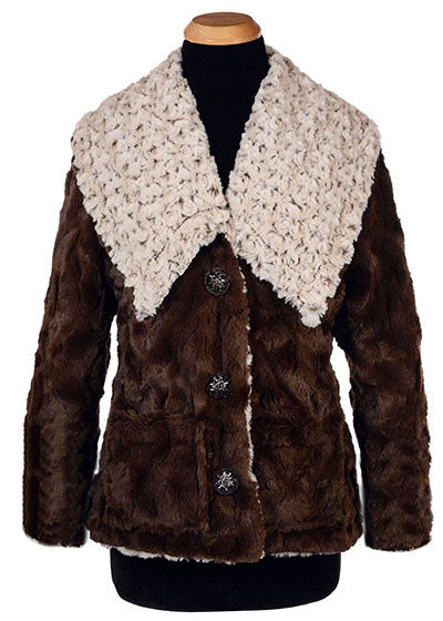 Norma Jean in Rosebud Brown Faux Fur with Floral Buttons Handmade in USA by Pandemonium Seattle