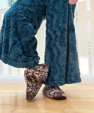 NW Pants in Peacock Pond with Slippers in Carpathian Lynx. Made by Pandemonium Seattle.
