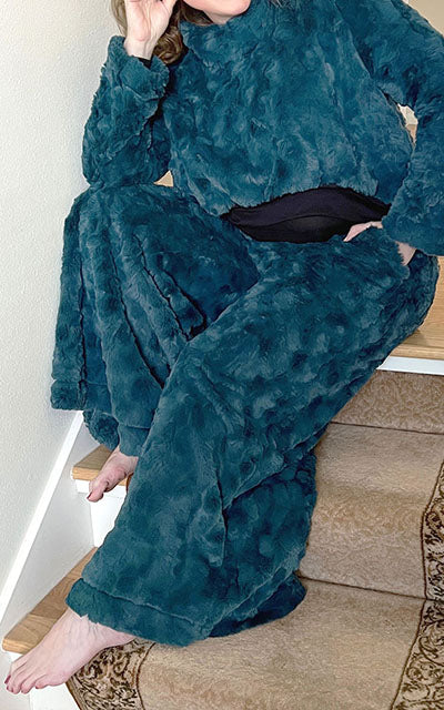NW Set Top and Pants in Peacock Pond with Slippers in Carpathian Lynx. Made by Pandemonium Seattle.