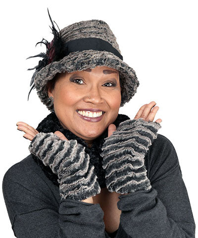 Reversible Fingerless Gloves Model Shot | Luxury Faux Fur in Desert Sand Charcoal | Pandemonium Millinery