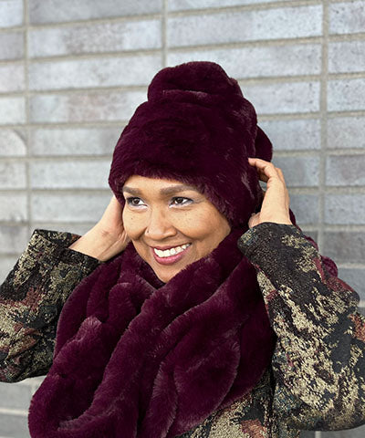 Woman wearing the Merlot (burgundy) Beanie Hat. Also wearing the Merlot (Burgundy) Shoulder Wrap as a Big Scarf.  from Royal Opulence Collection. Made In Seattle.