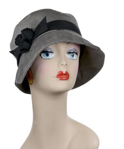 Abigail Hat in Gray Linen with Black Grosgrain Band with three Black Rosettes. Handmade in Seattle WA| Pandemonium Millinery 