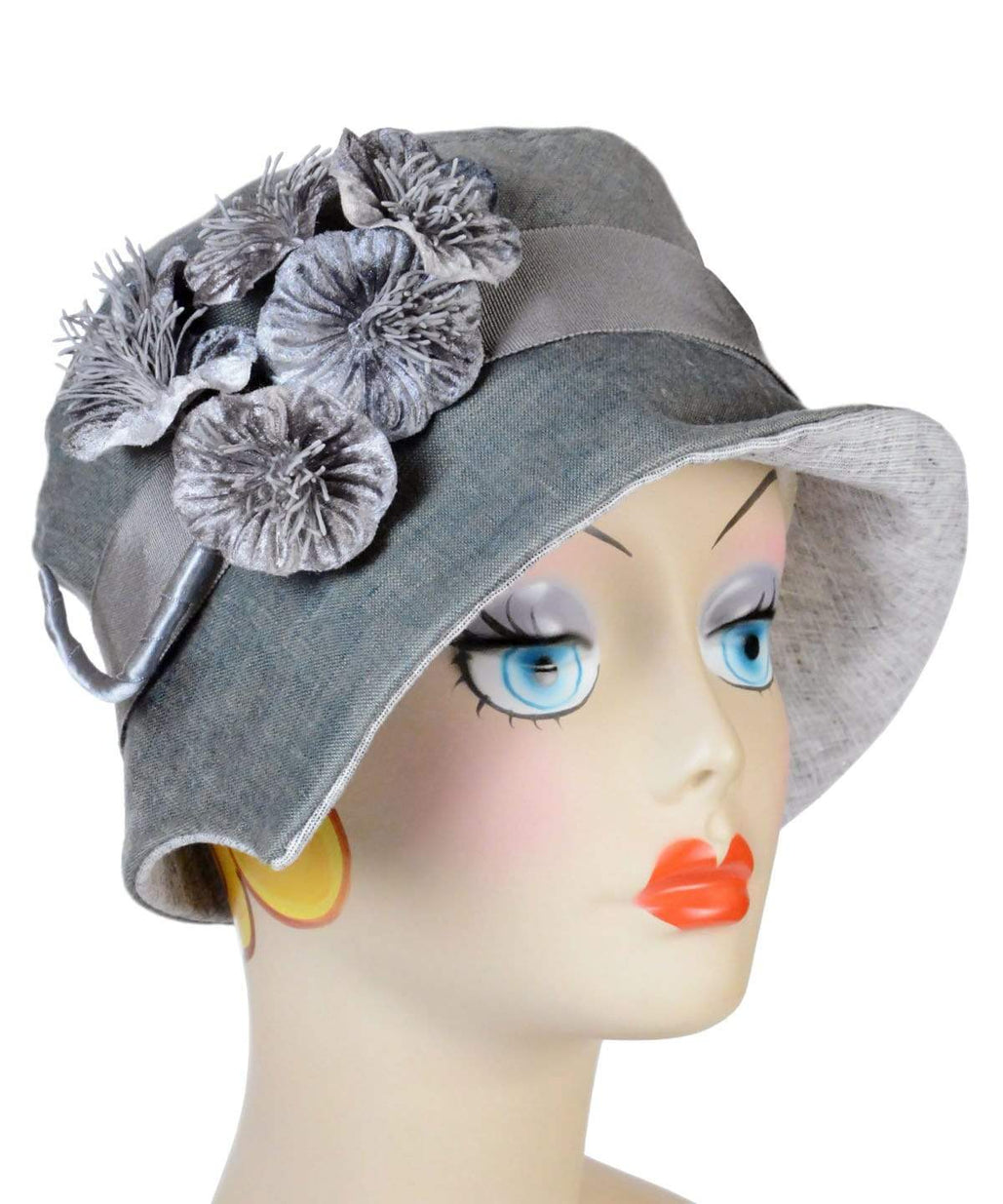 Abigail Hat close up in Juniper Silver-Green Linen with Silver under brim with Silver Band. Handmade in Seattle WA| Pandemonium Millinery