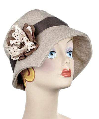 Abigail Hat in Natural Linen with Brown Band. Trimmed with Chocolate and Cream Polka Dot Flowers. Handmade in Seattle WA| Pandemonium Millinery 